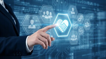 A businessman interacts with a digital interface representing partnership and collaboration, symbolizing modern business strategies and innovative technologies.