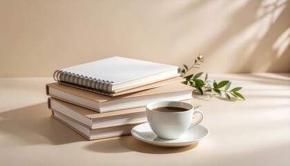 Stacked Notebook and Coffee Mockup Minimal Lifestyle
