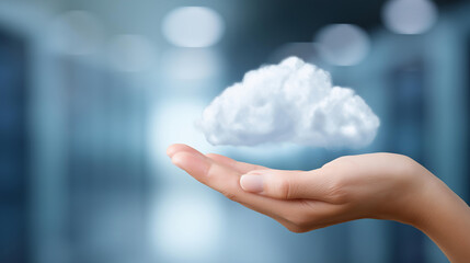 Faceless hand holding cloud in front of computer screen, cloud computing visualization, digital storage concept, internet infrastructure representation, defocused hand with cloud i