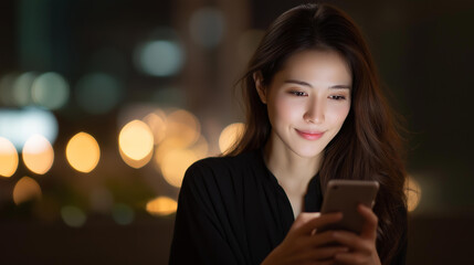 Faceless young Asian woman using laptop computer sending and download digital data info with blur city night, mobile connect networking with cloud communication concept, defocused