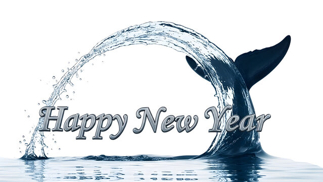 Whale tail splash creates a dynamic arc over silver text wishing everyone a happy new year celebration