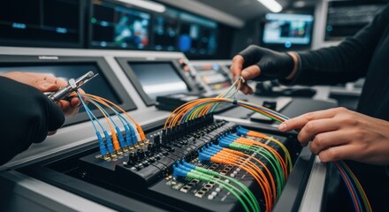 Focused view on fiber cable splicing and patching within a backhaul panel installed in a hightech outside broadcast vehicle.