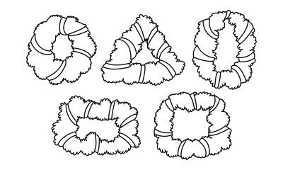 Fototapeta premium A set of doodles featuring various geometric shapes of Christmas wreaths with ribbons. A minimalist outline. A collection of festive decorations, greeting cards, or winter-themed social media posts.