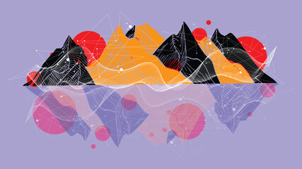 Abstract geometric mountain landscape with suns reflecting over water, Modern science art elements. composition wireframe art elements Vector background