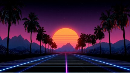 Retro synthwave scene road, palms, mountains, sun, grid, neon