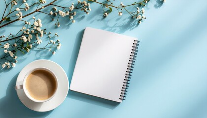 Minimal Notebook and Coffee Mockup on Pastel Blue Desk
