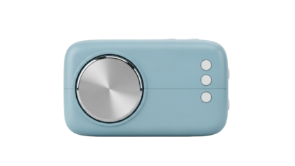 Isolated, blue wireless portable speaker with a round button for music, on a flat surface