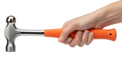 Isolated ball-peen hammer being held by hand, orange grip, metal tool, hammering device