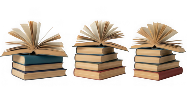 Three stacks of open books isolated on transparent background - Powered by Adobe