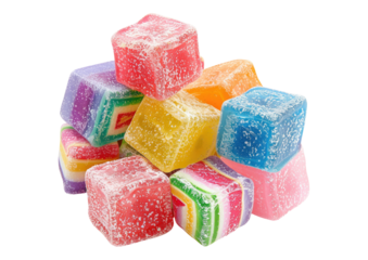 Vibrant sugar-coated Turkish Delight cubes in various colors