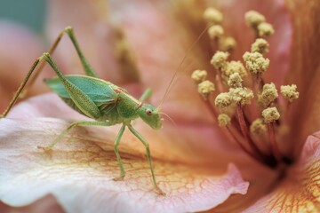 Green grasshopper resting on delicate flower petal
