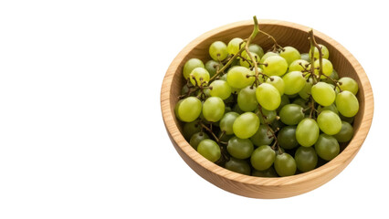 Isolated cluster of fresh green grapes in wooden bowl, healthy eating, vegetarian food