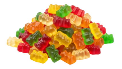 Isolated pile of colorful gummy bears, soft jelly candies, delicious treat for children