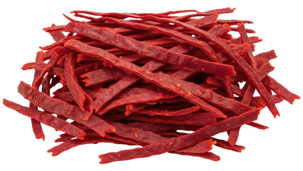 Isolated heap of savory dried meat strips, delicious jerky for snack or meal, food product