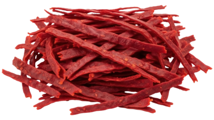 Isolated heap of savory dried meat strips, delicious jerky for snack or meal, food product