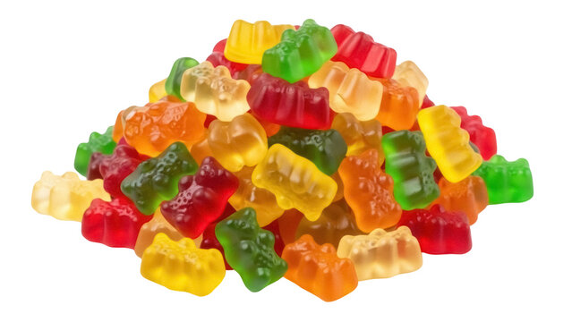 Isolated pile of colorful gummy bears, soft jelly candies, delicious treat for children