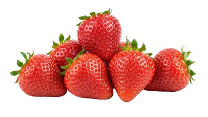 Isolated pile of fresh red strawberries, ripe fruit with green leaves, healthy summer snack