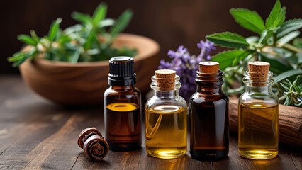 Close-up of essential oil bottles with lavender and herbs, spa concept