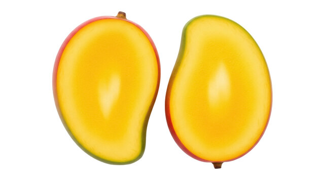 Isolated mango halves with no seeds, cut open to show the yellow fruit inside