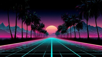 Retrowave grid road, palm trees, sun & mountains at dusk