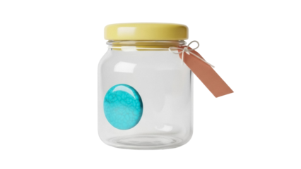 Isolated jar with yellow lid and blue marble, a gift tag is attached to the bow