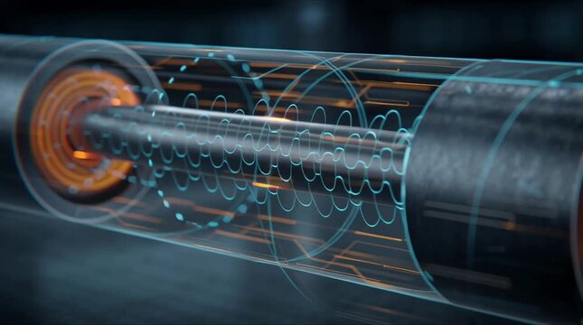 Tubular steel induction hardening, tight electric coil visible tube, thermal heat map effect temperature progression surface core, glowing color gradients, semi-transparent coil overlay, futuristic 4k