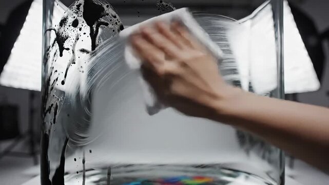 Hand cleaning a glass aquarium with a white cloth smearing black ink and water droplets against a bright white studio background with softbox lighting emphasizing reflections and transparency