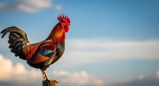 Vibrant French Gallic rooster standing proudly on a rustic post against a clear blue sky for a Bastille Day celebration concept and national pride