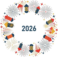 Obraz premium Festive graphic design featuring colorful fireworks rockets and stars encircling the year 2026 for a celebratory announcement or greeting card