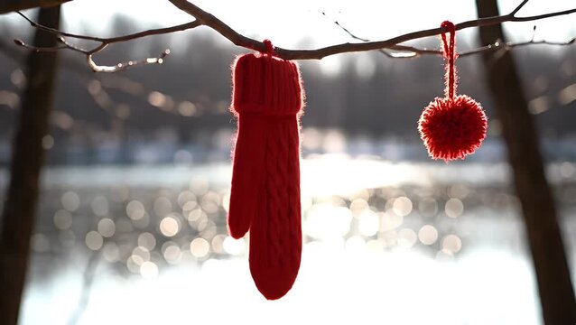 Red knitted mitten and pompom hanging on a tree branch outdoors