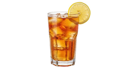 Isolated full glass of iced tea with a lemon slice. Refreshing summer drink concept