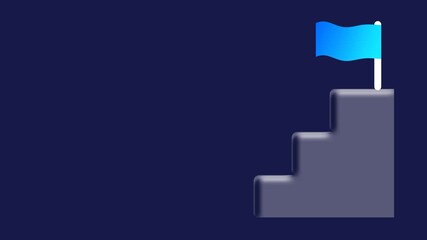 A grey staircase leads upward to a blue flag icon against a dark navy background symbolizing progress achievement and reaching a specific goal now