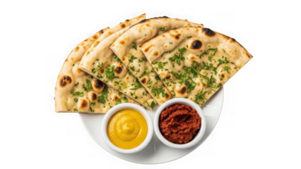 Freshly baked garlic naan bread served with dipping sauces on a transparent background