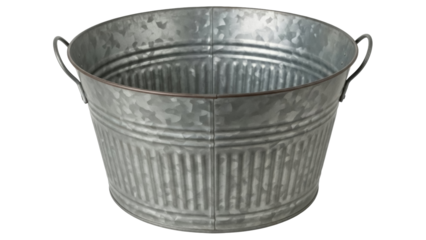 Isolated metal tub is galvanized with riveted handles for carrying and home decor use