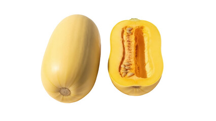 Isolated spaghetti squash on display, whole and halved, uncooked, fresh, healthy food