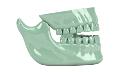Isolated human jaw model showcasing teeth and bone structure in anatomical representation