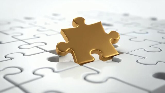 Golden Puzzle Piece Descending and Connecting to White Puzzle Board Symbolizing Solution