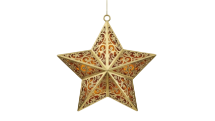 Isolated golden star ornament, intricate decoration, hanging Christmas holiday embellishment
