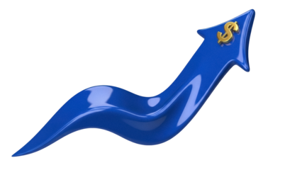 Isolated Blue Arrow with Golden Dollar Sign Indicates Sales Growth and Market Success