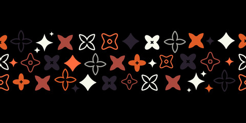 Seamless horizontal border pattern with abstract shapes in orange, red, white, and black, ideal for packaging, fabric design, website banners, or decorative prints Vector illustration