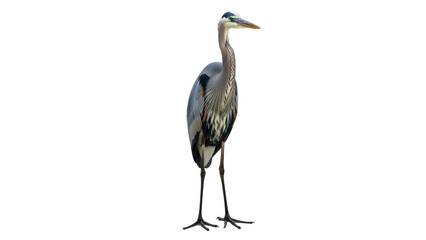 Isolated Great Blue Heron stands gracefully with an elegant neck, feathers, and long legs