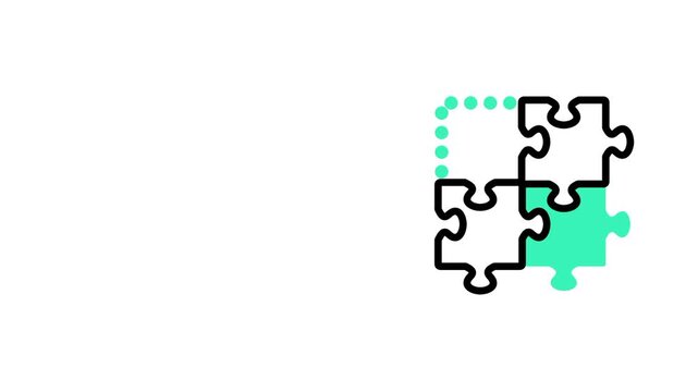 Four puzzle pieces are connecting with one piece colored in a green gradient on a white background representing teamwork and problem solving success