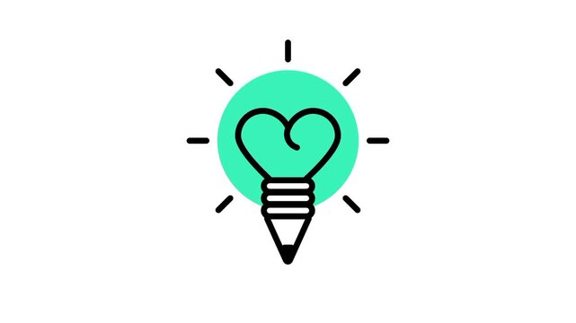 A creative light bulb icon with a green heart inside is shown on a white background representing innovative ideas and passion for bright new concepts