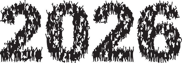 Diverse Crowd of People Forming 2026 Silhouettes on White Background