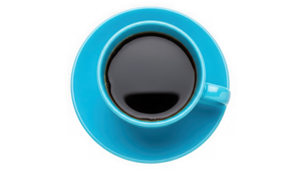 Top view of bright blue coffee cup filled with black coffee on transparent background