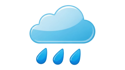 Isolated Shiny light blue cloud with rain drops falling below on light background weather app icon