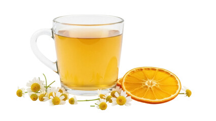 Isolated refreshing chamomile tea with orange slice and flowers, herbal beverage, healthy