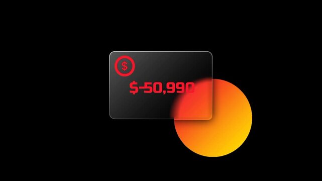 A red negative financial balance is displayed on a dark glass card next to a glowing orange sphere on a black background for a modern data style