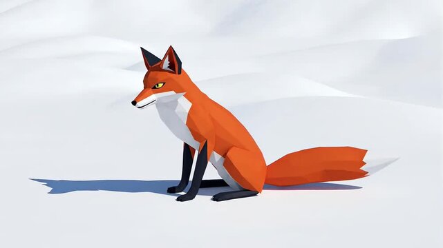 Animated low poly fox sitting and looking around in a snowy environment digital art