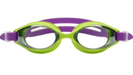 Isolated green swim goggles with purple strap for water sport practice or competition, no background